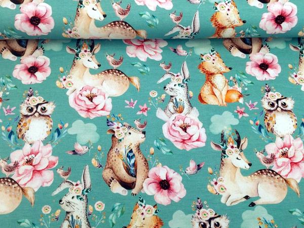 Reststück Baumwolljersey Touching Tiere dunkelmint - Kopie